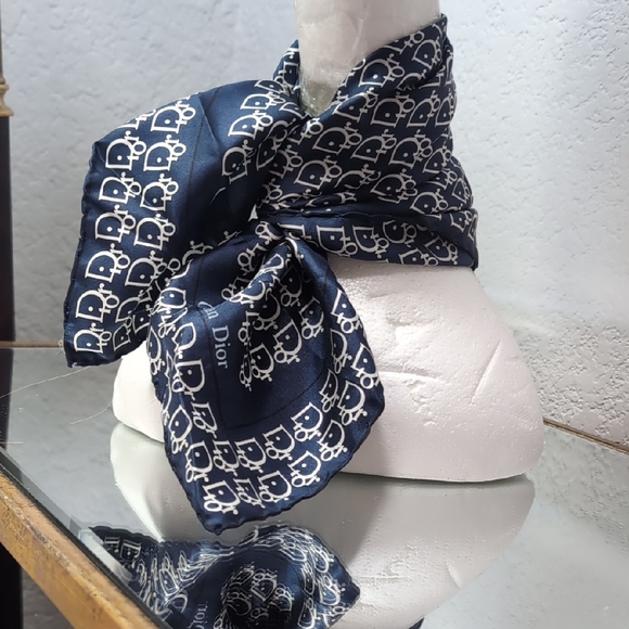 Vintage Christian Dior Pure Silk Navy and White Monogram Print Scarf - Picture 1 of 7